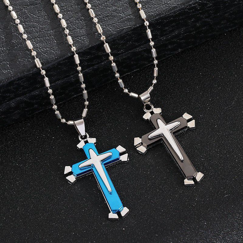 New Hipster Retro 3-layer Blue And Black Cross Necklace, Simple Retro Cross Pendant Necklace Jewelry_voghion.com