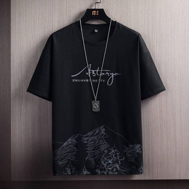 Herrsport Fritidsdräkt Tunn Lös Stor storlek Snow Mountain Print Kortärmad T-shirt med shorts Set _voghion.com