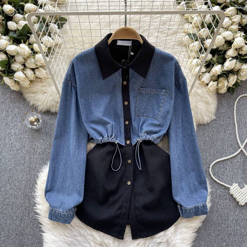 Damkläder Retro Denim Enfärgad Skjorta För Damer Design Tvådelad Kontrastfärgad Söm Dragsko Midja Mångsidiga Toppar För Dam_voghion.com