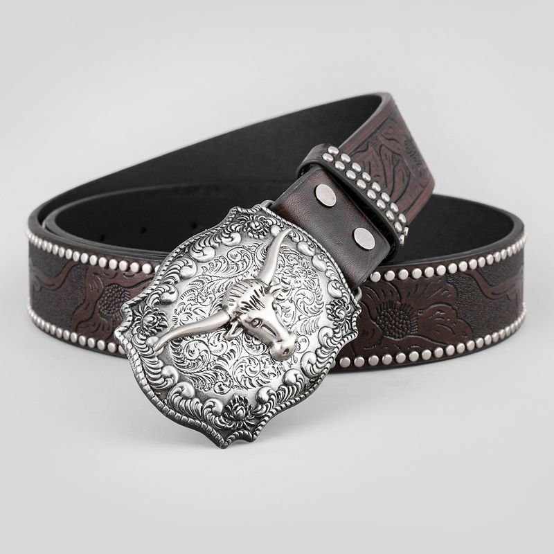 Gürtel im Nietendesign für Herren, mit großer Schnalle aus amerikanischem Western-Denim, robuster und lässiger Herrengürtel_voghion.com