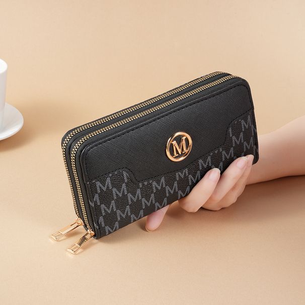 Vintage-geïnspireerde portemonnee met letterprint voor dames – stijlvol dubbelgevouwen ontwerp met dubbele ritsen voor dagelijkse benodigdheden_voghion.com