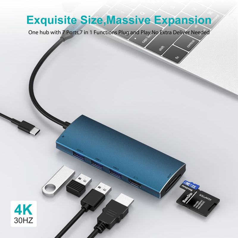 USB C Hub; USB Hub To HDMI Multiport AorZ USB C Dongle Adapter 7 In 1 With 4K HDMI Output; 3 USB 3.0 Ports_voghion.com