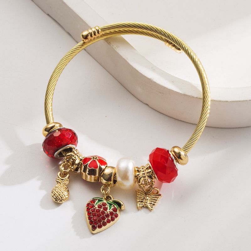 Braccialetto regolabile con perline in acciaio inossidabile, tendenza moda, ciondolo fragola e ciliegia, personalità fata, versatile braccialetto per fidanzata_voghion.com