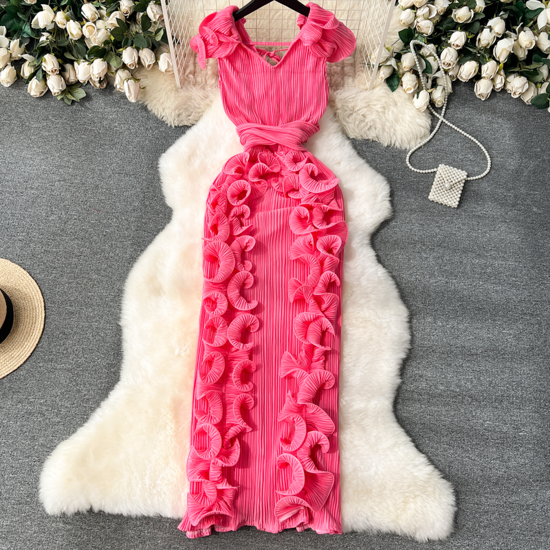 Damenbekleidung Bankettkleid leichtes Luxus-Nischenplissiertes dreidimensionales Rüschen-Schlank-langes Temperamentkleid_voghion.com