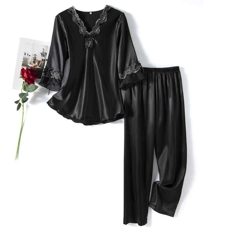 Damen-Nachtwäsche, große Größe, Frühling und Herbst, dünner Seidenpyjama mit Dreiviertelärmeln, bestickte Spitze, zweiteiliges Set, Heimkleidung für Damen_voghion.com