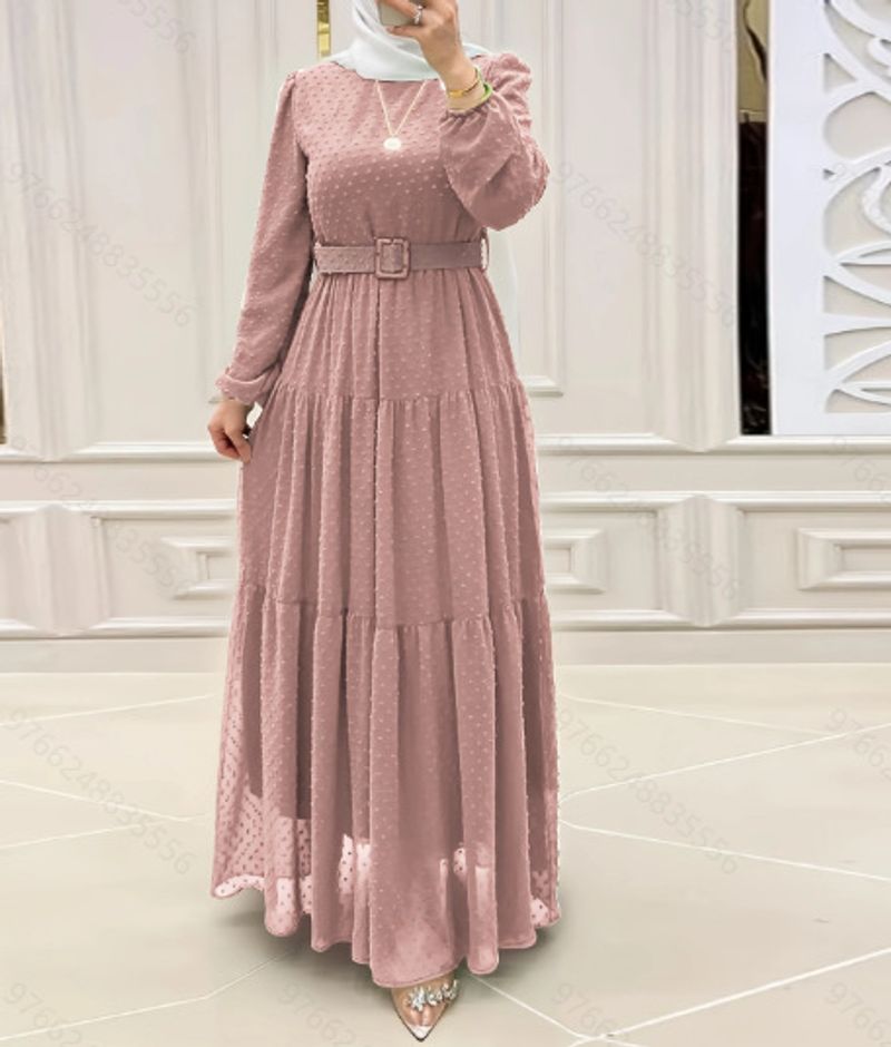 Ropa de mujer Túnica musulmana de color sólido con cinturón Vestido nuevo_voghion.com