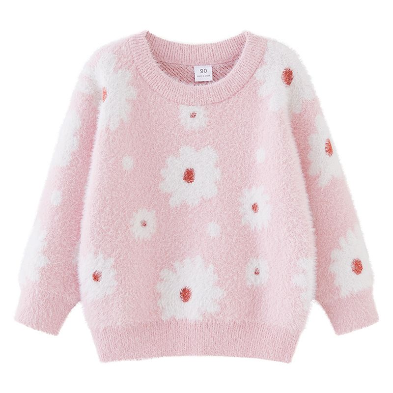Winterlicher Strickpullover mit Blumenmuster für Mädchen – Futter aus Nerzimitat-Fleece (90 cm – 140 cm, Sicherheitsklasse B, Rosa, Langarm, Pullover)_voghion.com
