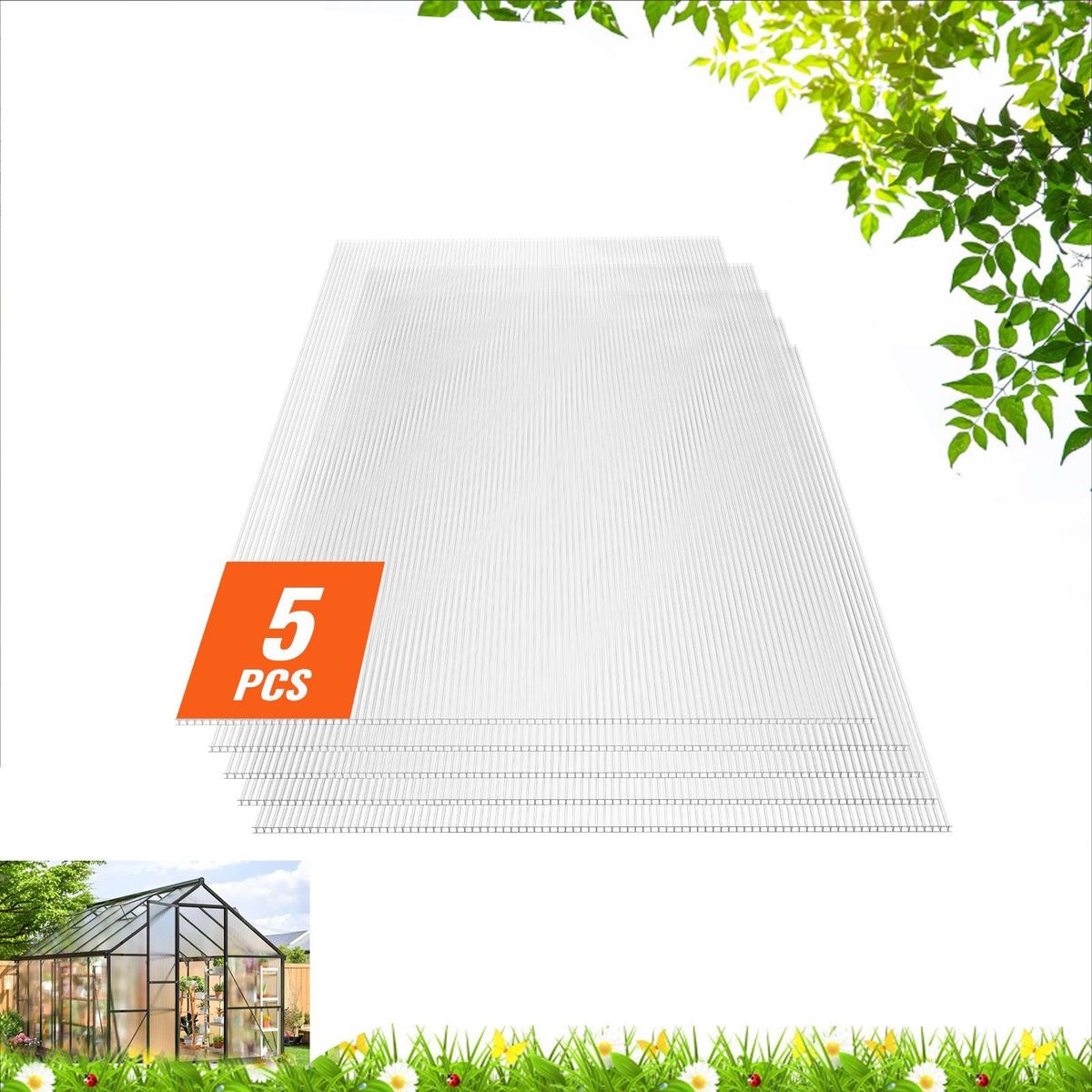 5 Pack Polycarbonate Greenhouse Panels 2' X 4' X 0.32'' Roof Sheets_voghion.com