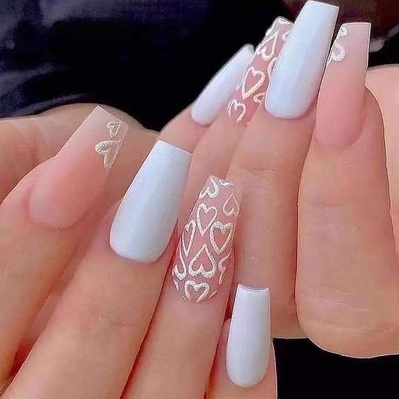 24 de unghii scurte și pătrate, cu un design în formă de inimă cu sclipici alb, inclusiv 1 gel jeleu și 1 gel jeleu, perfecte pentru petreceri_voghion.com