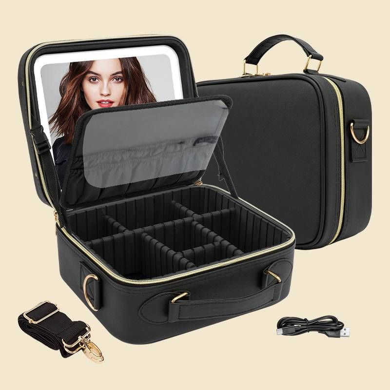 Waterproof Makeup Case With Removable LED Mirror Triple-Color Lighting And Touch-Sensitive Switch_voghion.com
