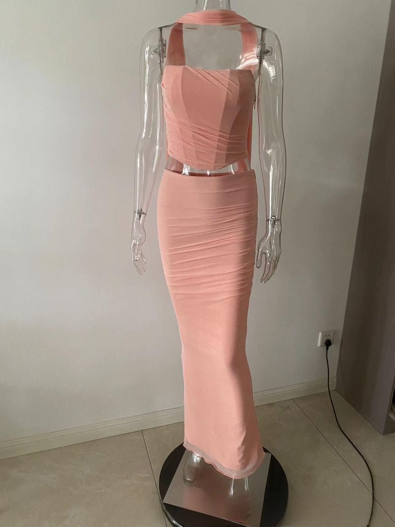 Vêtements pour femmes, nouveaux produits d'automne, tempérament, bleu ciel, haut tube, jupe taille haute, robe moulante_voghion.com