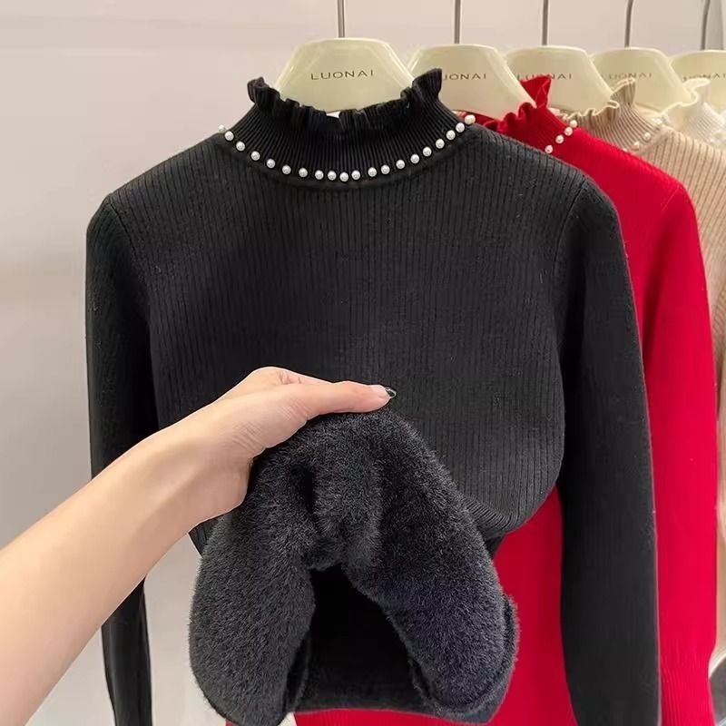【 Cashmere Family】 Maglione da donna in pile caldo ispessito con interno in velluto e perline di legno per inchiodare le orecchie con base in lana_voghion.com