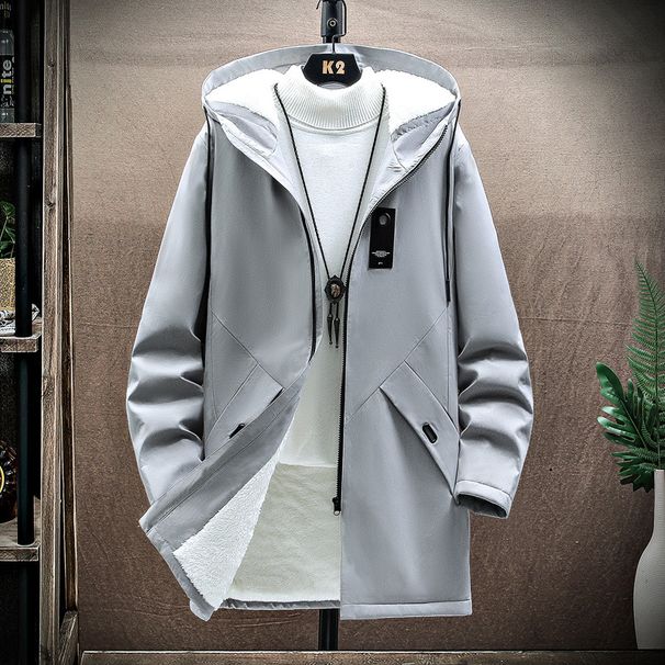 Men's Mid-Length Windbreaker Jacket – Thickened Fleece Lined, Hooded, Stylish & Warm For Winter & Spring (Black/Gray/Khaki/Beige, Sizes M-4XL)_voghion.com