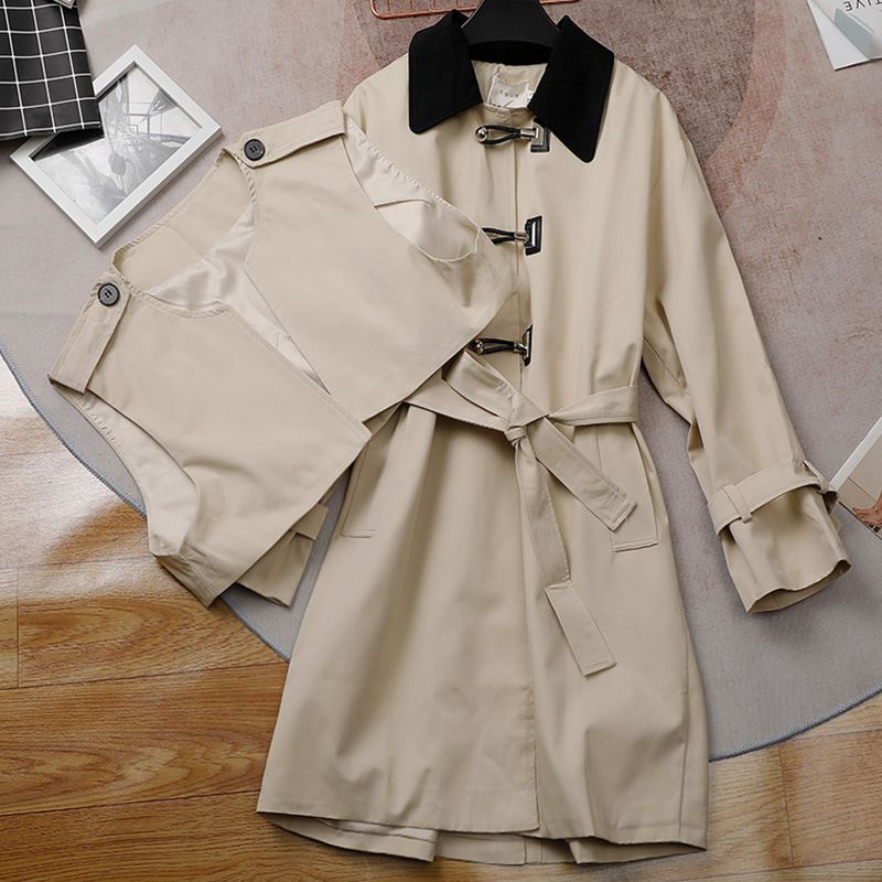 Einreihiger Trenchcoat mit Revers und Weste für Damen in Kontrastfarbe für den Herbst_voghion.com