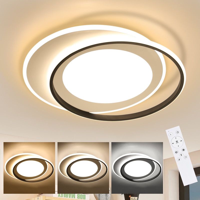 Glitzerlife Deckenlampe LED Deckenleuchte Wohnzimmer-Dimmbar Mit Fernbedienung 66W Schlafzimmerlampe Moderne Deckenbeleuchtung Schwarz Weiß Küchenlampe Ring 48,5cm_voghion.com