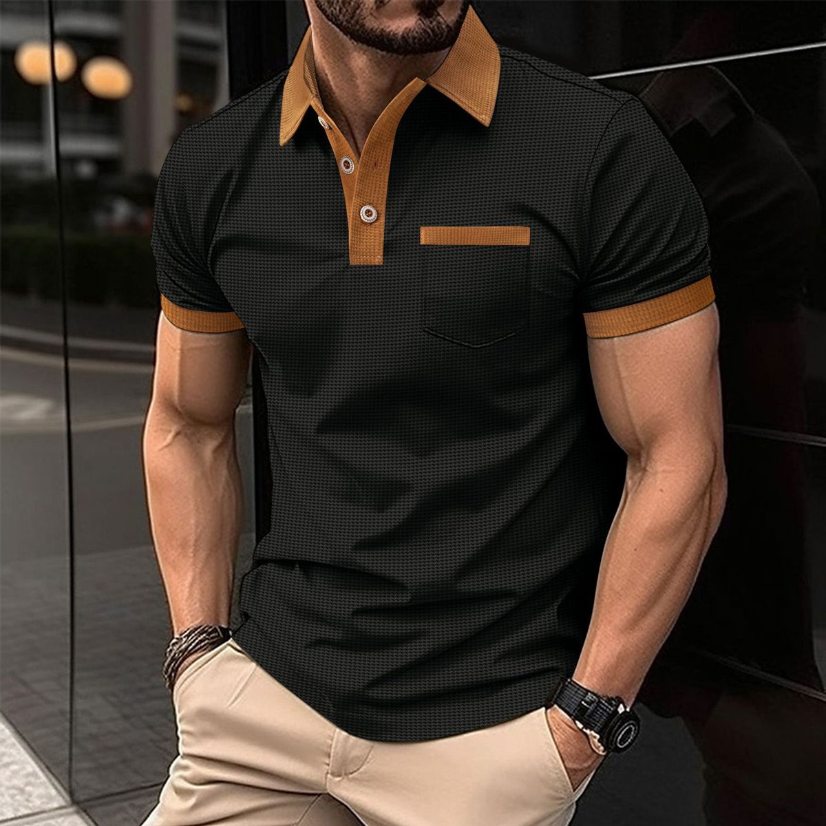 Men Waffle T Shirt Short Sleeve Button Top Casual Tee Lapel Neck Shirt Summer Men's Tee Hombre Fashion Customs_voghion.com