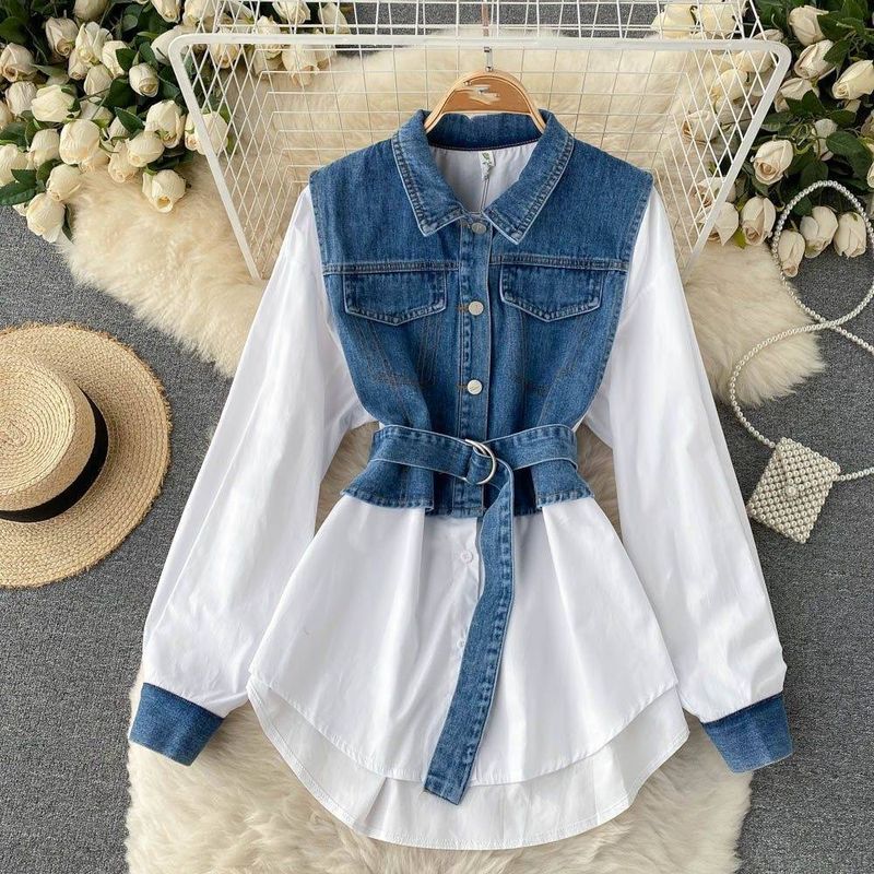 Damenbekleidung Polokragen Denim Zweiteiliges Langarmhemd Mit Nischen-Mittellanger Taille Und Schickem Oberteil_voghion.com