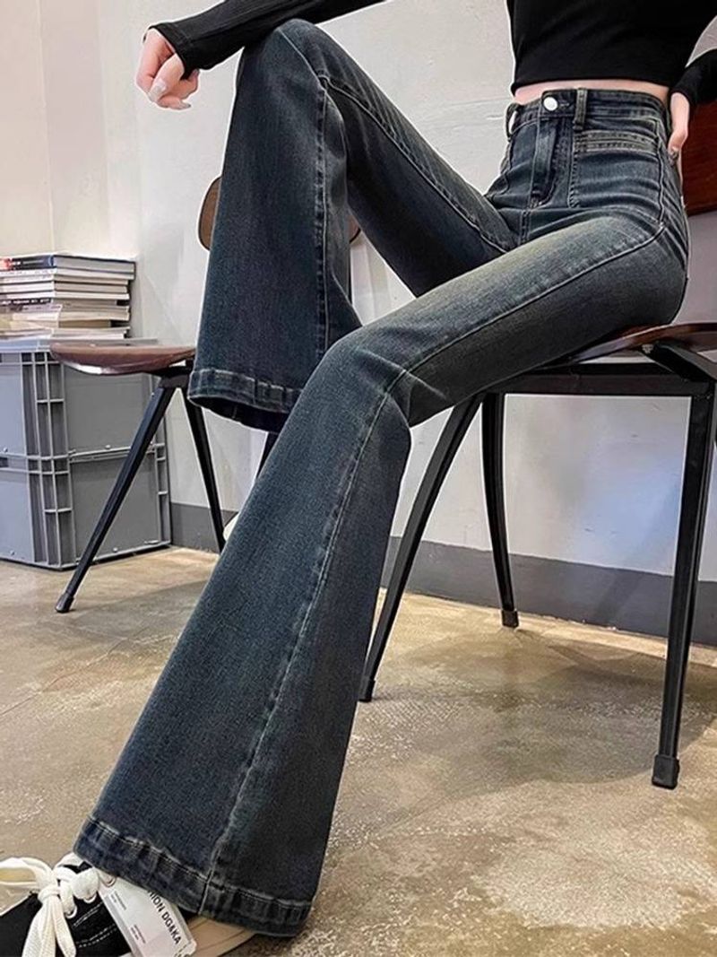 Zementgraue Micro-Schlagjeans für Damen, neue übergroße, schlankmachende, ausgestellte, elastische Hose mit hoher Taille, Retro-Bodenhose_voghion.com