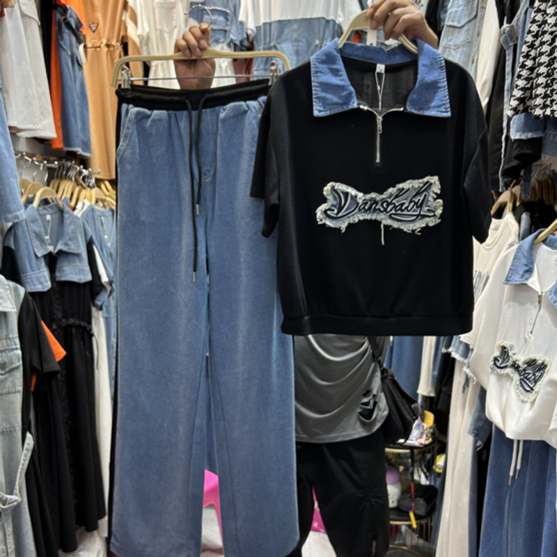 Women's Clothing Denim Patchwork Design Shirt Top For Women Elastic Waist Denim Trousers Two Piece Suit For Summer_voghion.com