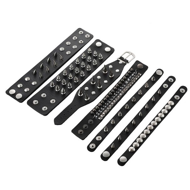 Punk Style 7-Piece Set Rivet Rock Spiked Wristbands Men's Leather Personality Bracelets_voghion.com