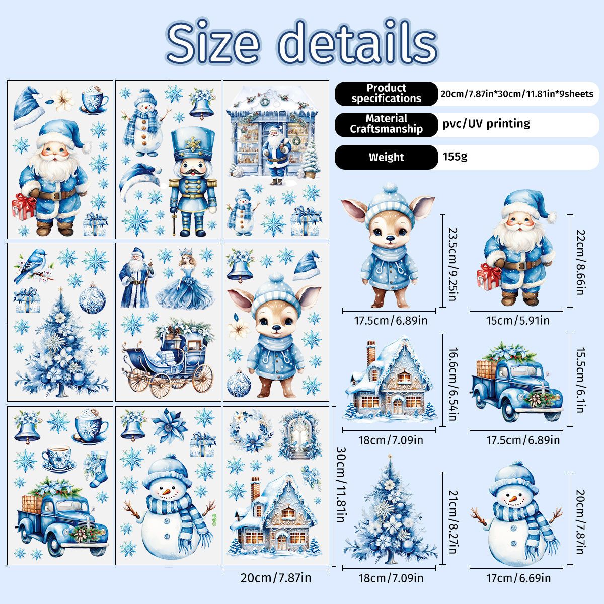 Adesivo decorativo natalizio statico per finestra con Babbo Natale, alce e pupazzo di neve blu, personalizzabile, transfrontaliero_voghion.com