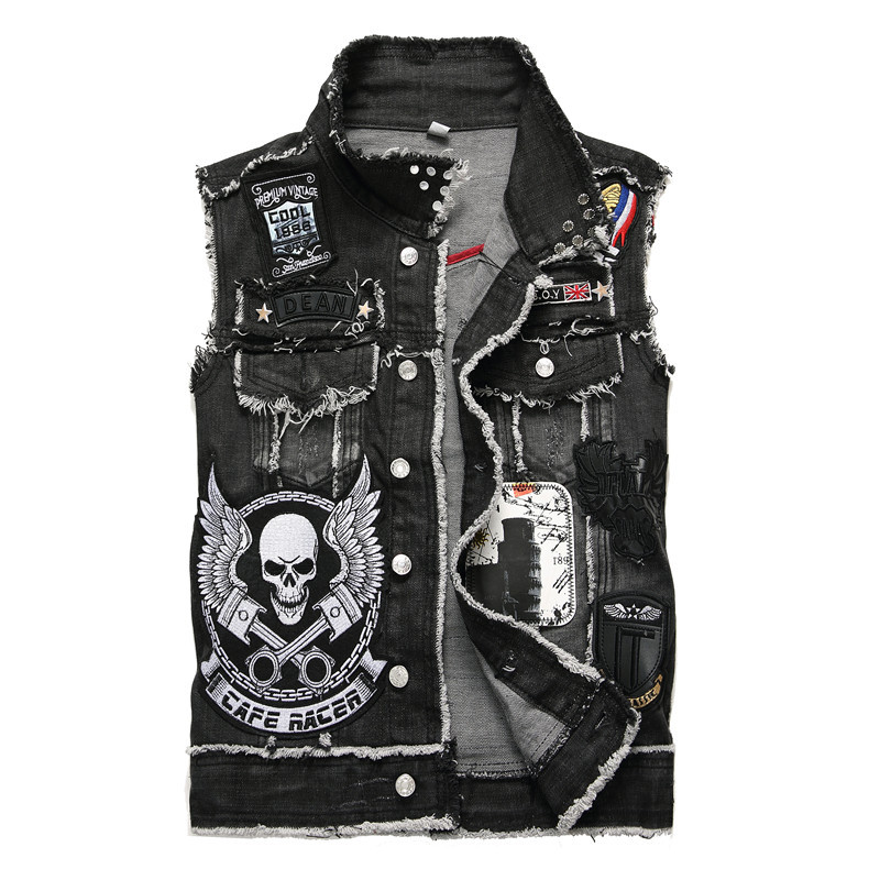 Herrenbekleidung Schwarze bestickte Jeans-Strickjacke für Herren, Jugend-Pop-Revers-Freizeitweste für Herren_voghion.com