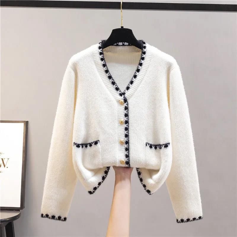 Elegante cardigan in maglia con scollo a V, in velluto spesso color neve, aperto sul davanti, da donna, moda invernale, camicetta oversize_voghion.com