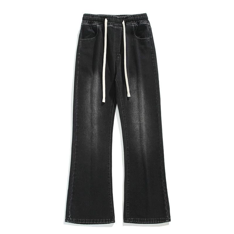 Men's Black Flared Jeans – Stretch Denim With Drawstring Waist & Fleece Lining (Gradient Black/Faded Black)_voghion.com