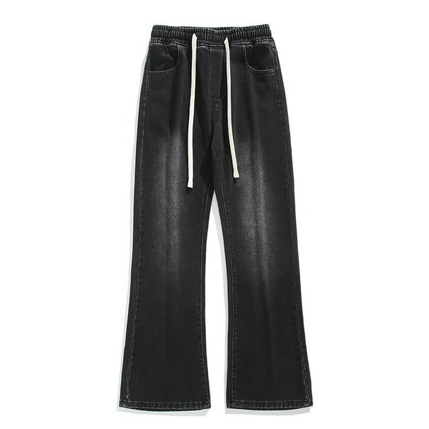 Men's Black Flared Jeans – Stretch Denim With Drawstring Waist & Fleece Lining (Gradient Black/Faded Black)_voghion.com