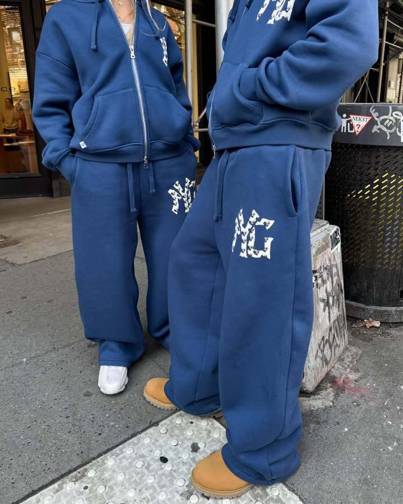 Completo tuta streetwear - Felpa con cappuccio stampata e pantaloni jogger, completo casual con cerniera (blu/nero, S-XL)_voghion.com