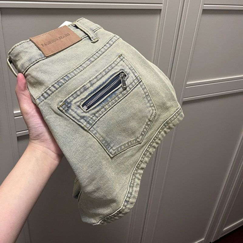 Pantaloni scurți din denim în stil american Instagram cu buzunare drepte pentru femei, croială slim cu fermoar, elastic înfășurat, talie înaltă,_voghion.com