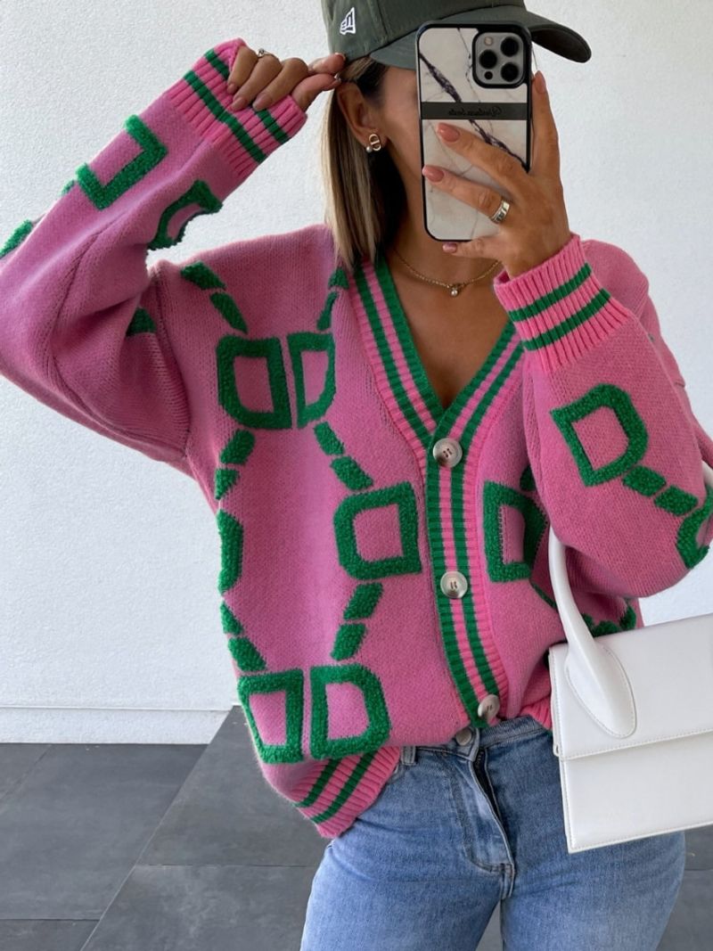 Autumn Winter Style Fashion Woman Blouse 2023 Knitted Cardigan Slim Fitting Long Sleeved V-neck Printed Cardigan Jacket_voghion.com