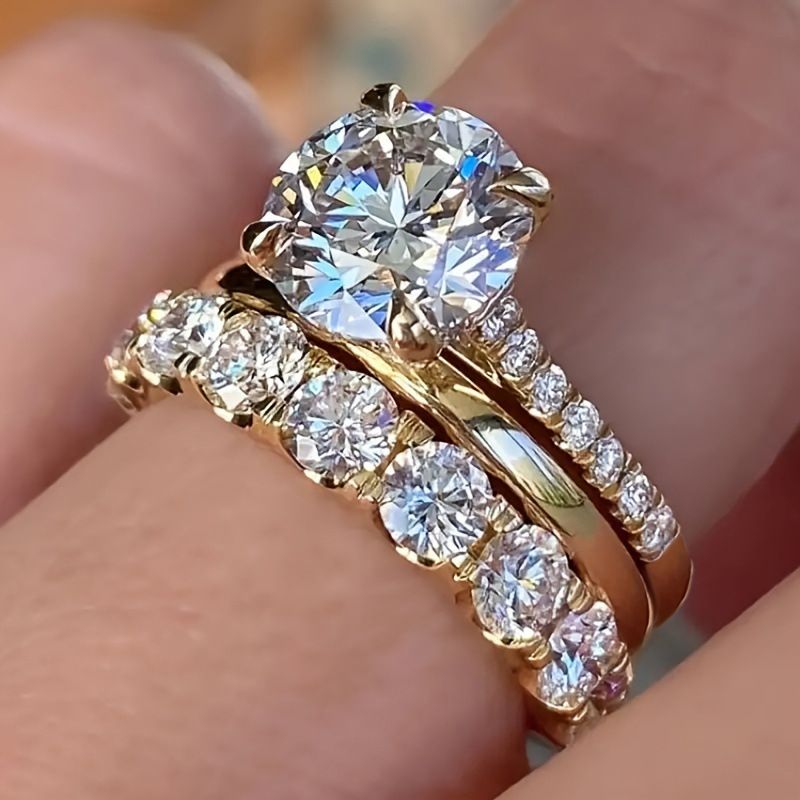Cao Shi Elegant Ring Set Of Three Inlaid Zirconia Graceful Diamond Wedding Party Matching Rings_voghion.com