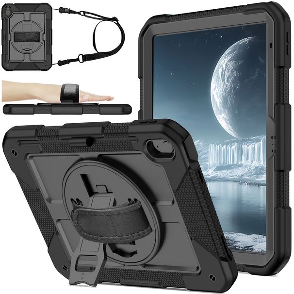 11-Inch Protective Case For Tablet, Shock-proof Jacket With 360-degree Rotating Bracket, Pen Slot And Portable Shoulder Back Design, Black._voghion.com