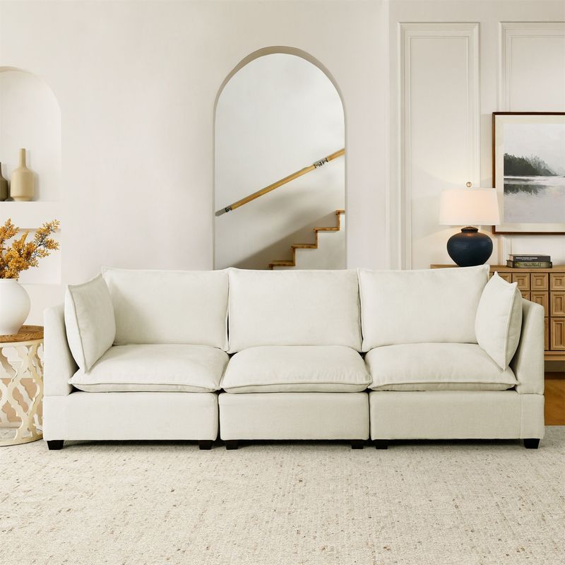 Modern Chenille Comfy Upholstered 3-Seat Sofa With 2 Lumbar Pillow, Deep Seat Sofa Sleeper For Living Room, Apartment, Office, Studio (Beige White, 3-Seat)_voghion.com