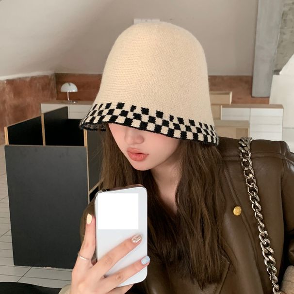 Unisex Korean style autumn and winter new hats for women fashion checkerboard plaid knitted hats versatile wool bucket hats show face small basin hats_voghion.com