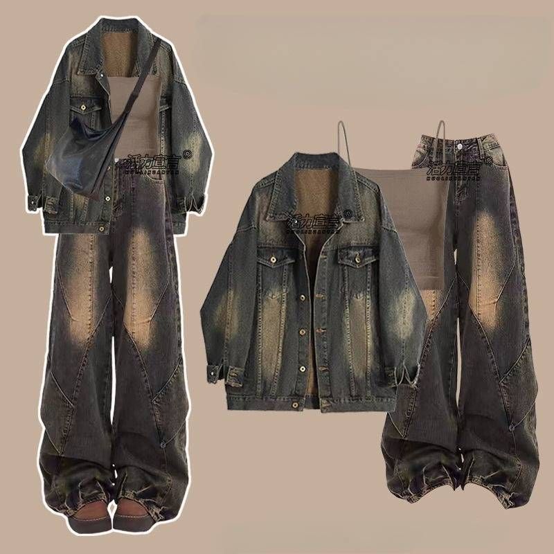 Women's Clothing Spring And Autumn Women's Clothing Set New Maillard Style Denim Jacket Suspenders With Retro Jeans Three Piece Suit_voghion.com