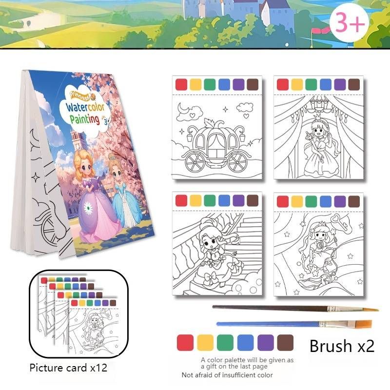 Draagbaar aquarelkleurboek voor kinderen - 12 vellen met ingebouwde verf, leuke thema's met dieren, prinsessen, oceaanauto's, ideaal cadeau voor kinderen_voghion.com