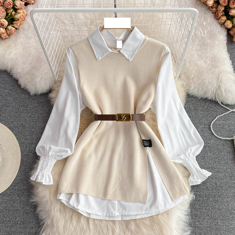Women's loose cover meat split waistcoat sweater fold wear two sets_voghion.com