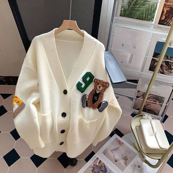 Îmbrăcăminte pentru femei, stil universitar, cu guler în V, pulover urs, cardigan, îmbrăcăminte exterioară de toamnă pentru femei, jachetă tricotată coreeană, lejeră_voghion.com