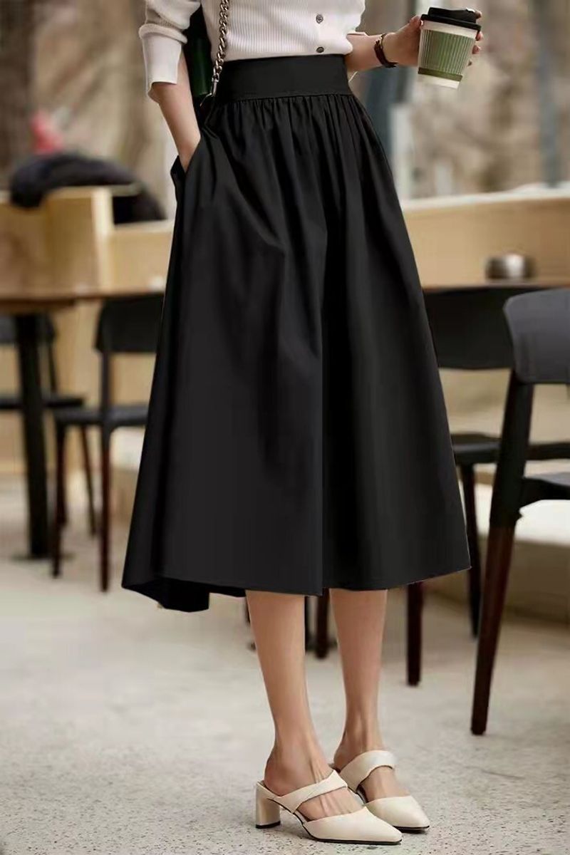 Damenbekleidung Leichter und eleganter Baumwoll-Mischstoff Hohe Taille Über Knielang Khaki Kleiner Falten-Schirmrock Halbrock A-Linien-Rock_voghion.com