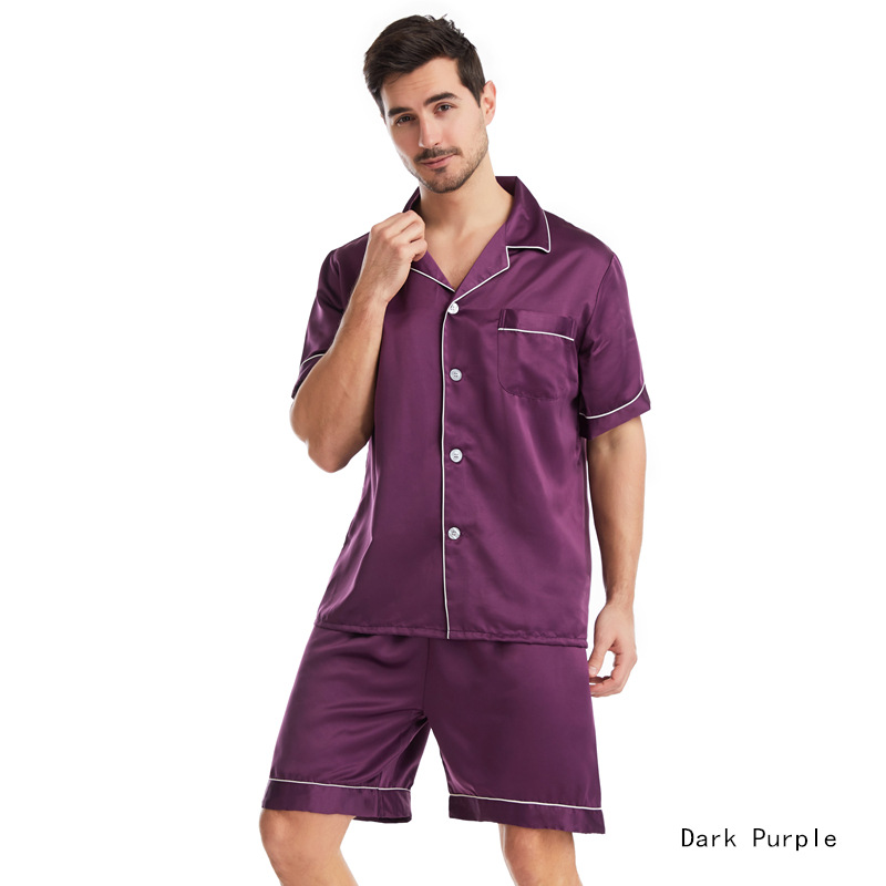 Men's Sleep & Lounge stor størrelse ensfarget kortermet menns pyjamas sommer matt sateng jakkeslag enkel fritidsdress til hjemmebruk_voghion.com