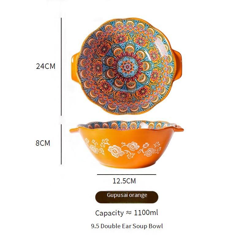 Bohemian Style Ceramic Soup Bowl - Large Handled Noodle Bowl For Ramen & Pasta (15oz)_voghion.com