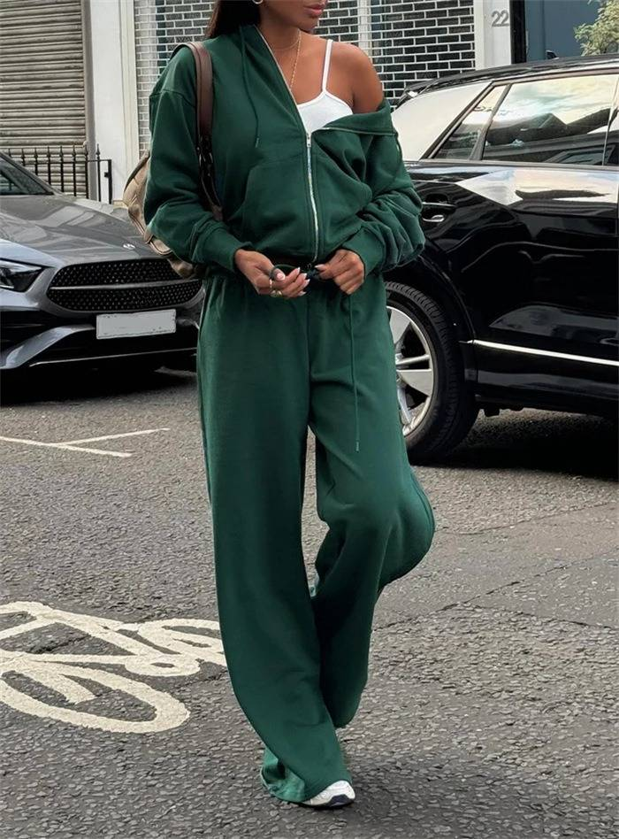 Streetwear Two-Piece Set – Zip-Front Long-Sleeve Jacket & Drawstring Wide-Leg Pants, Polyester-Spandex Blend (S-XL, Solid Colors, Unisex Edge)​_voghion.com
