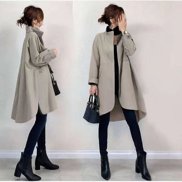 Women's Clothing Spring And Autumn Hot Sale Fashion Stand Collar Zipper Irregular Coat Mid Length Coat_voghion.com