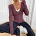 Women's Slim Fit V-Neck Knit Sweater - Ribbed Long Sleeve Pullover For Fall & Winter, Solid Color Elegant Casual Wear_voghion.com