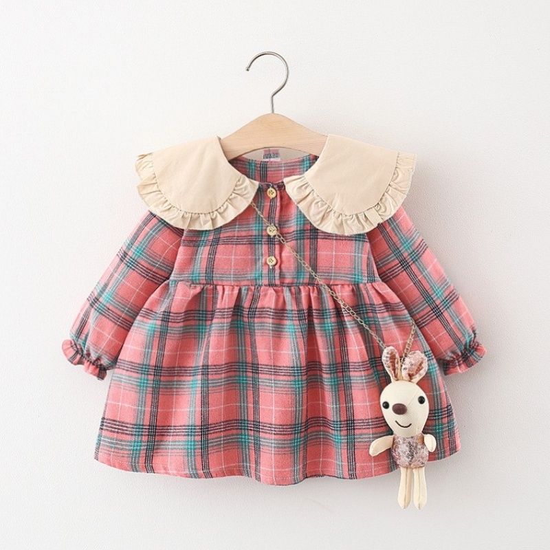 New Years Red Baby Clothes Little Girl Long Sleeved Red Plaid Dress_voghion.com