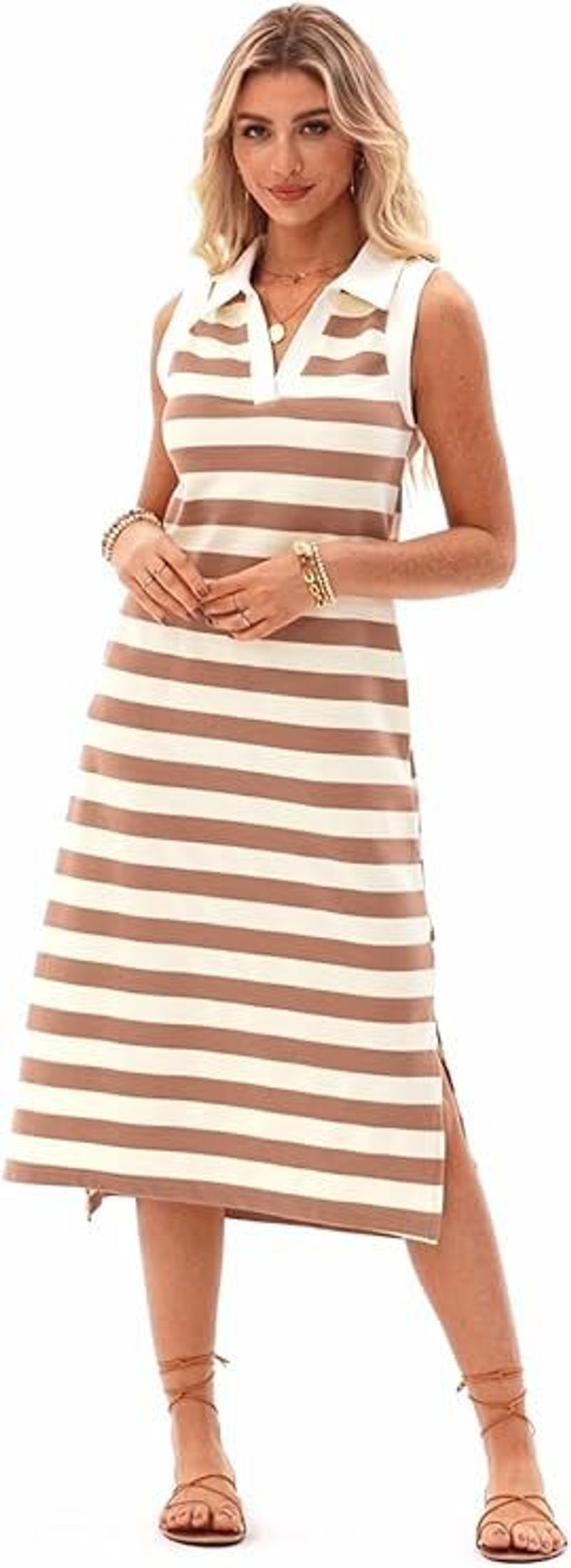 Summer Dress 2025 Sleeveless V Neck Striped Midi Sundress With Pockets Casual Beach Tank T-Shirt Dress Khaki Medium_voghion.com