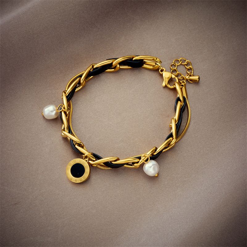 European and American cross-border fashion niche simple retro pearl Roman numeral round pendant titanium steel leather chain bracelet_voghion.com