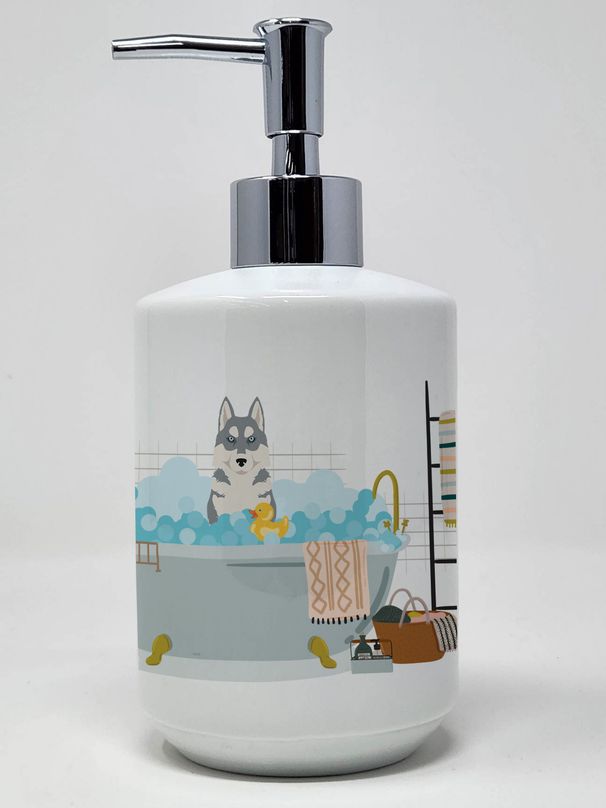 Grey Siberian Husky Ceramic Soap Dispenser Hand Soap Dispenser Pump Bottles for Bathroom Kitchen, Empty Refillable Liquid Soap Container_voghion.com
